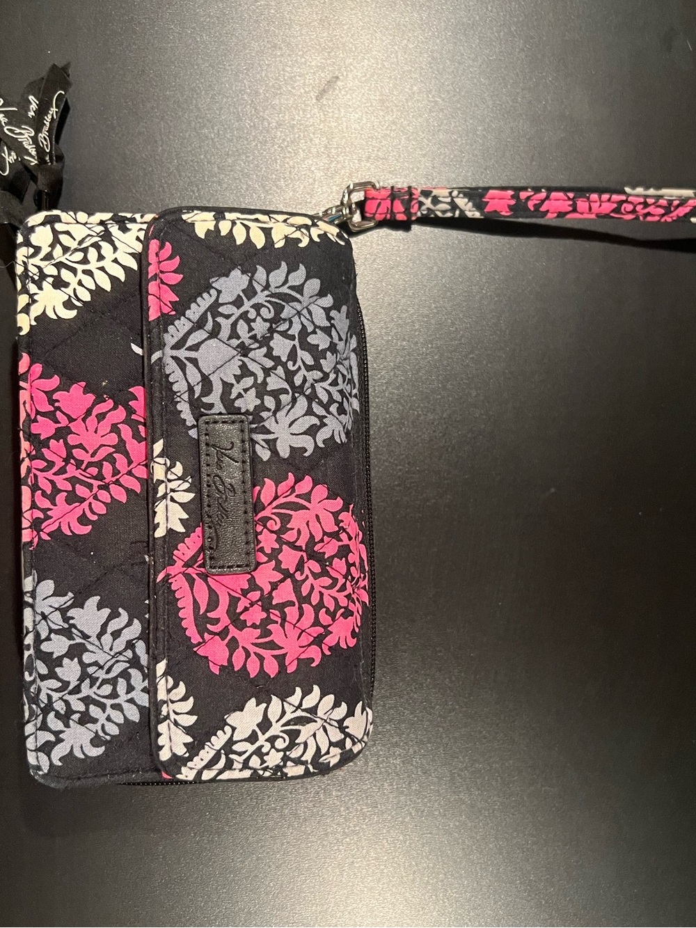 Vera Bradley Black Floral Wristlet with Pink and Gray Accents